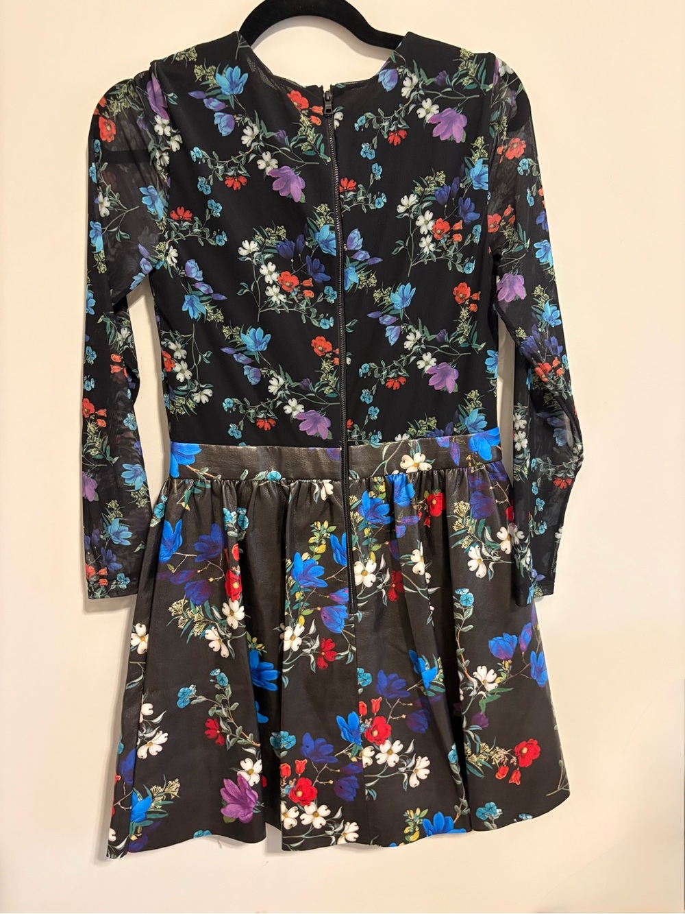 Alice + Olivia Black Floral Fit & Flare Dress with Blue, Purple, Red Accents - Picture 3 of 3